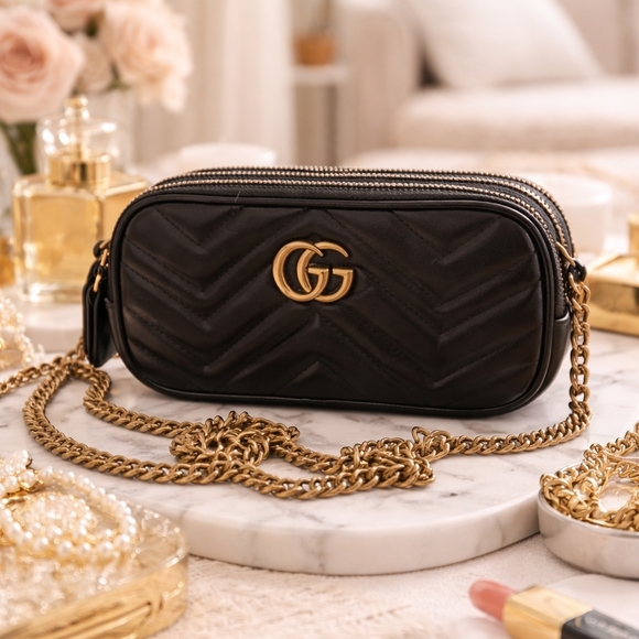 Gucci Handbags - Gucci Black Chevron Crossbody Bag with Gold Chain